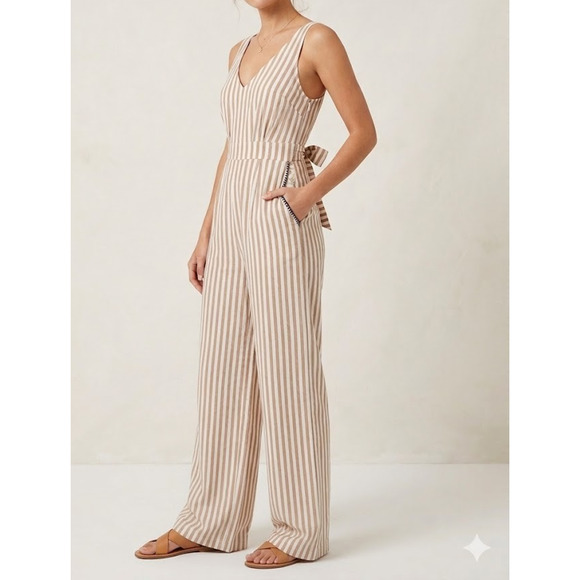 Hem & Thread Pants - Hem & Thread Striped Wide Leg Jumpsuit Womens Boho Tan White Rayon Lined Small